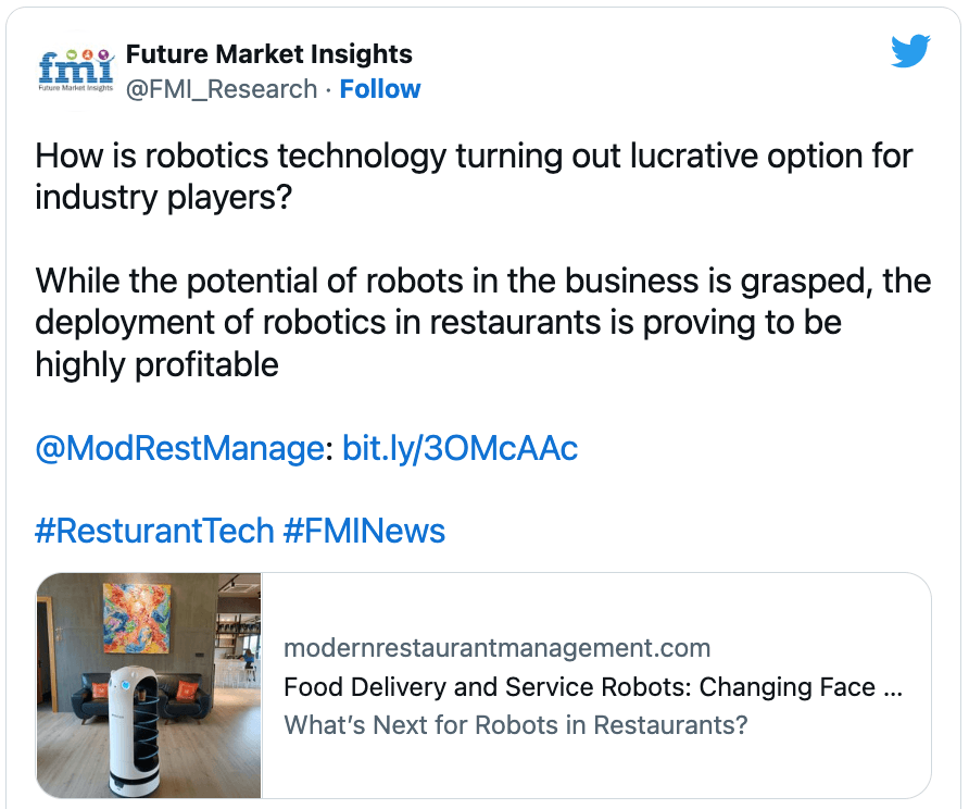 Tweet about using robotics in the restaurant business