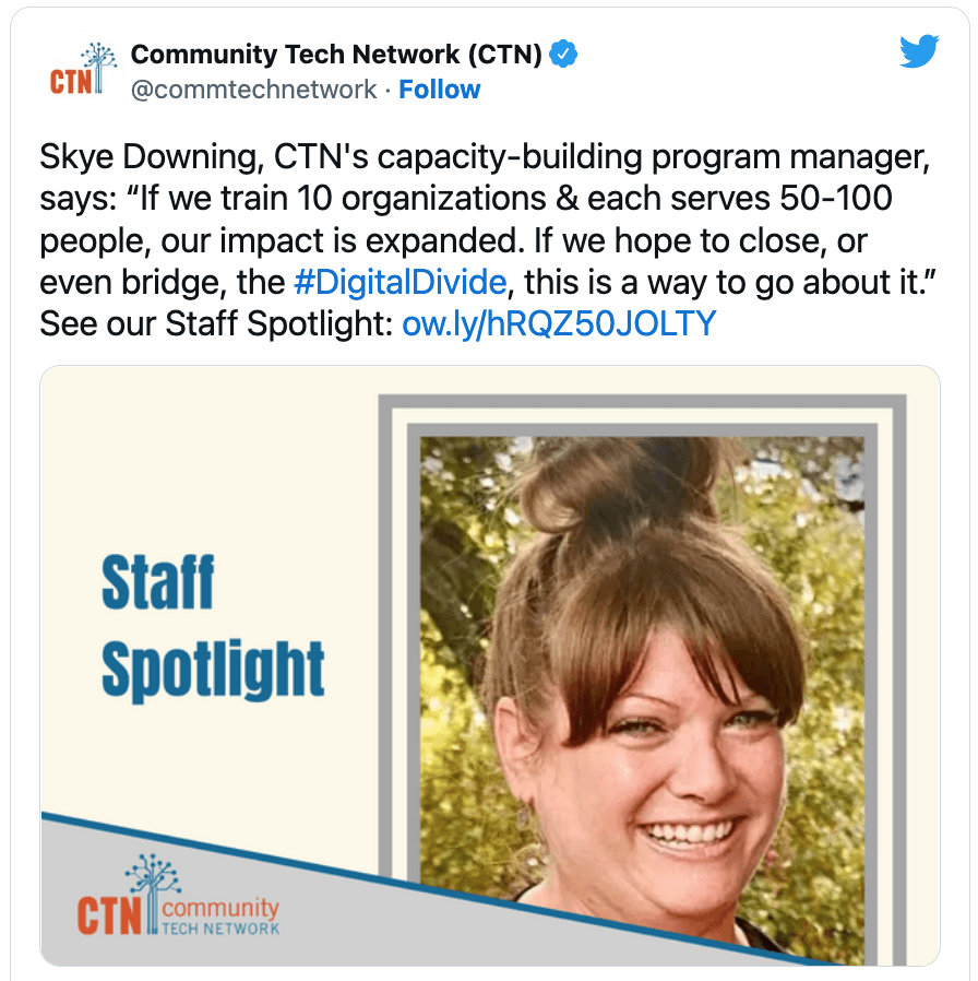 Spotlight staff post on Twitter from Community Tech Network