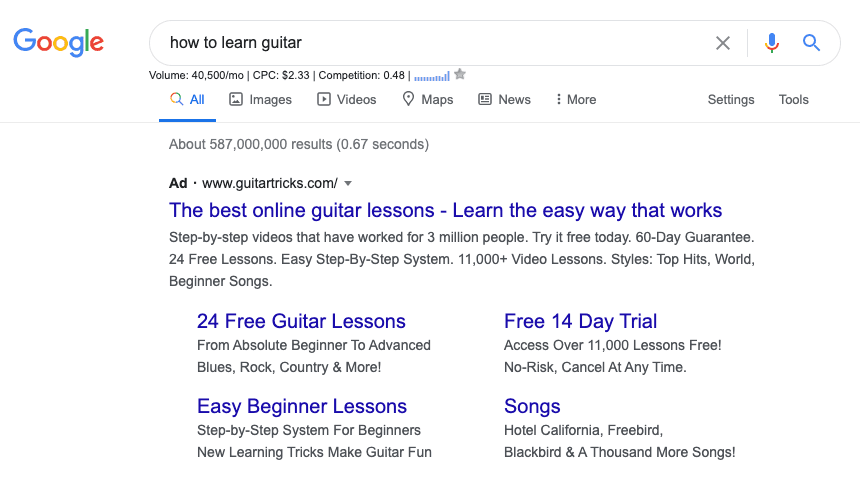 Recherche Google de comment apprendre la guitare