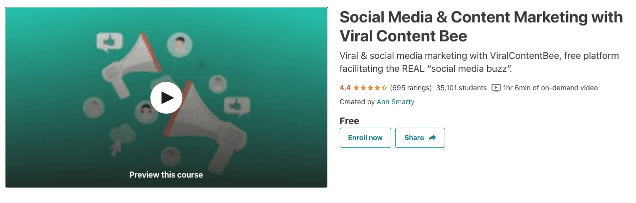 Udemy's social media and content marketing with Viral Content Bee course.
