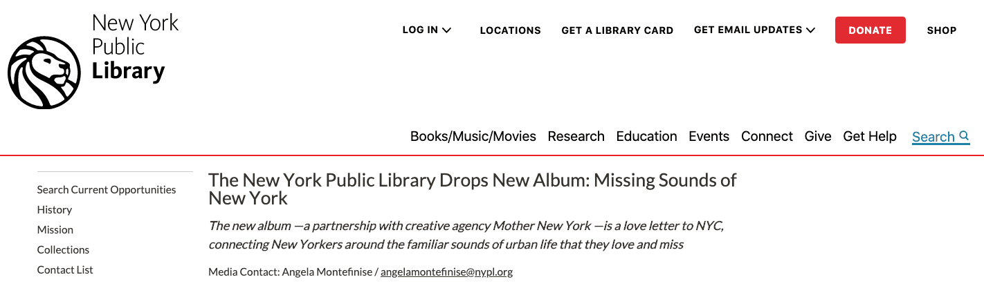 Example of a brand name headline from the New York Public Library