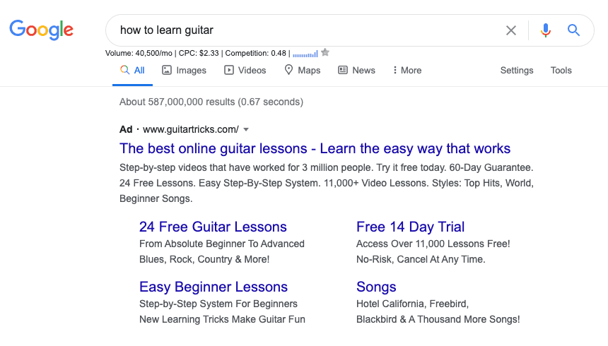 Example of a pain point headline from Guitar Tricks from a Google search