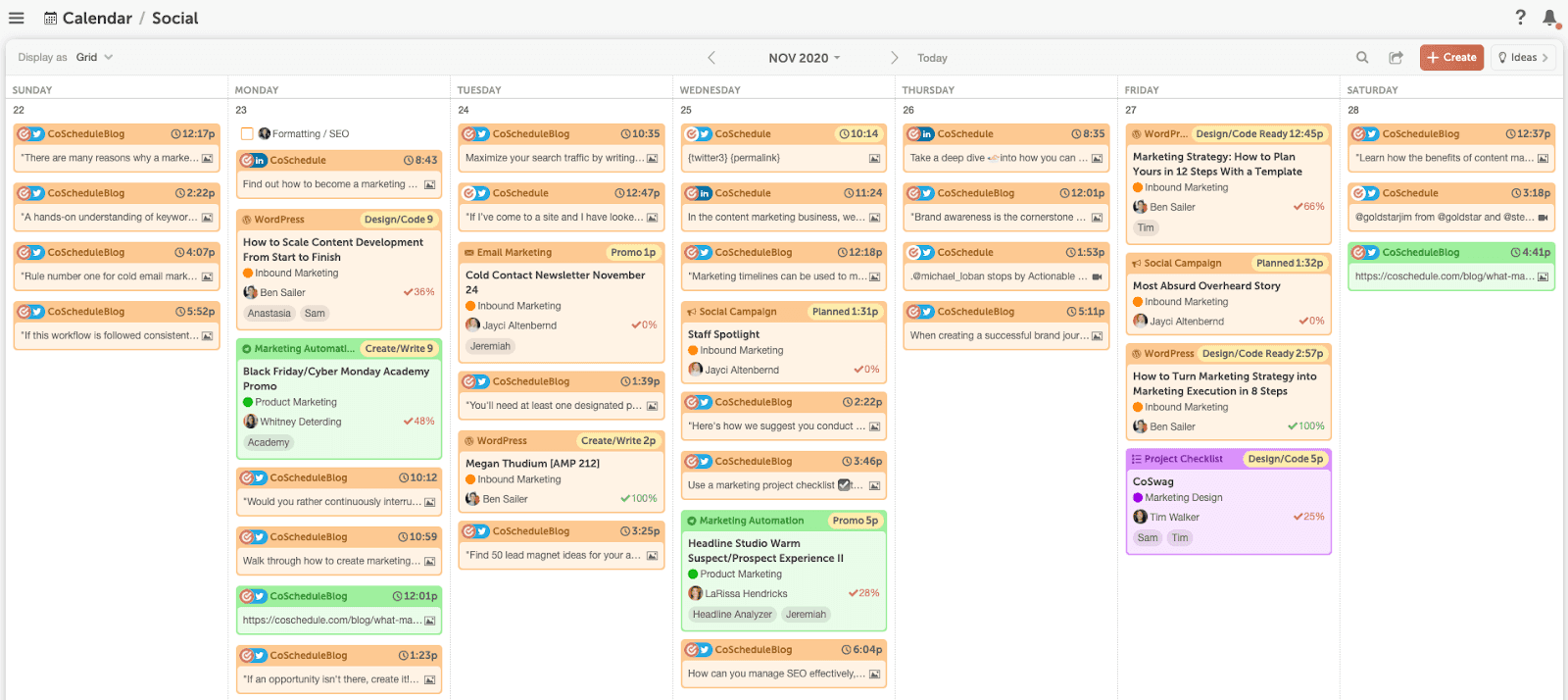 Filled CoSchedule social media calendar