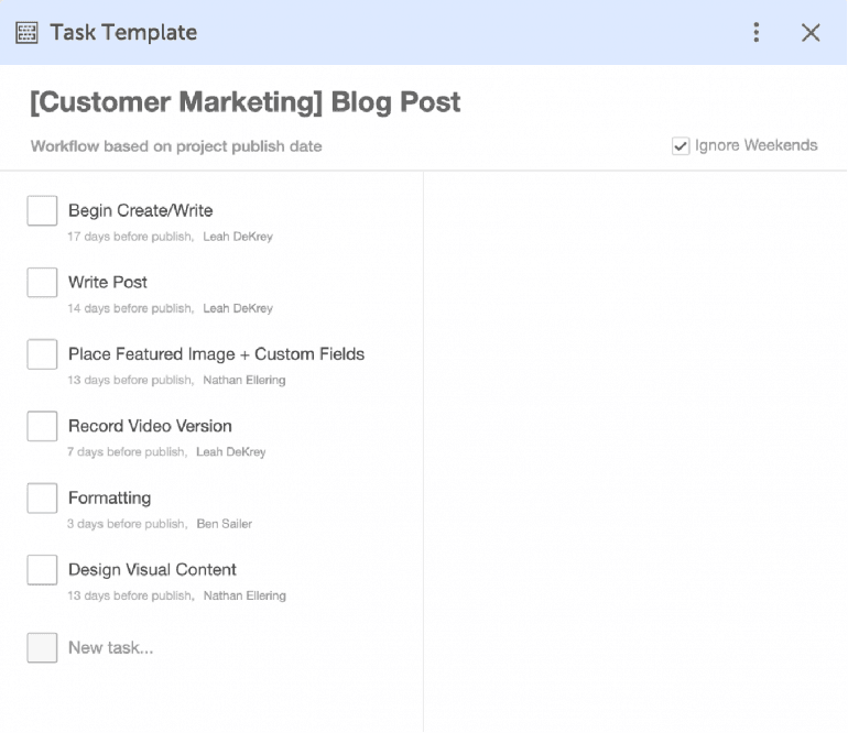 Assigning tasks and deadlines in a new task template