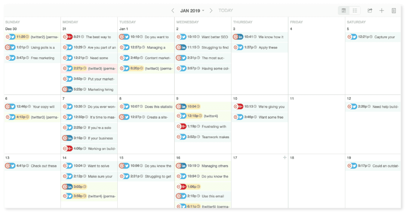 CoSchedule calendar with social media posts visible