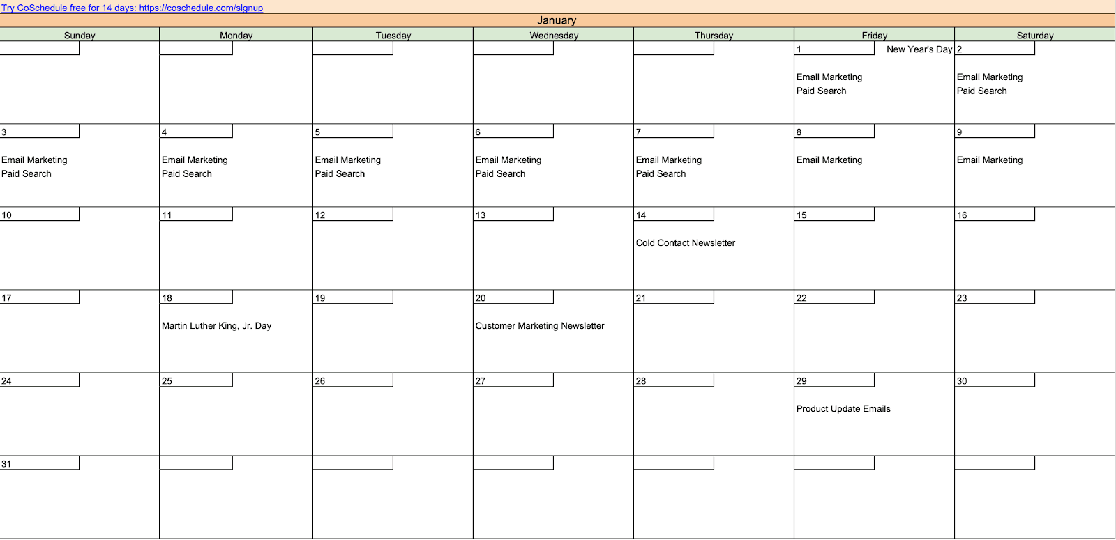 Content calendar example