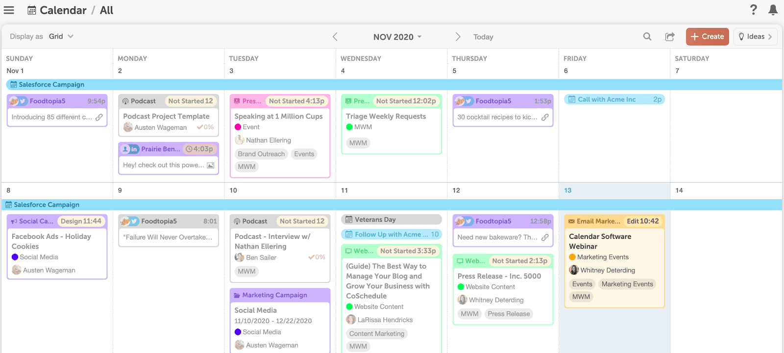 CoSchedule's color-coded content calendar