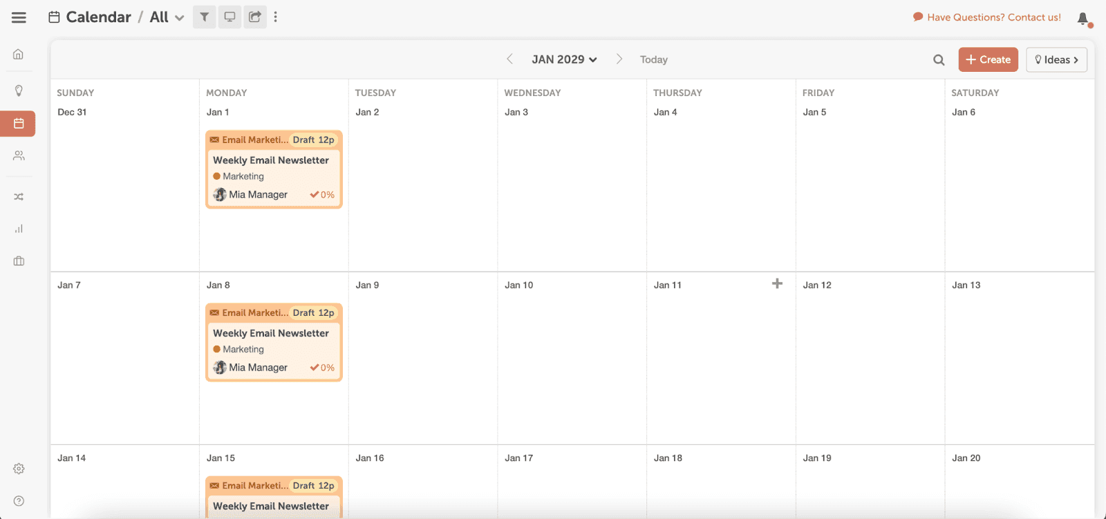 CoSchedule's calendar with designated tasks