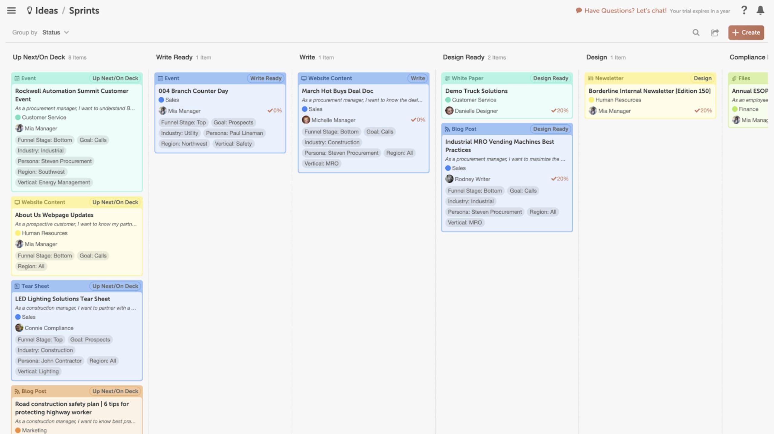 CoSchedule Marketing Suite software kanban board of project cards in statuses for Up Next, Write Ready, Write, Design Ready, and Design.