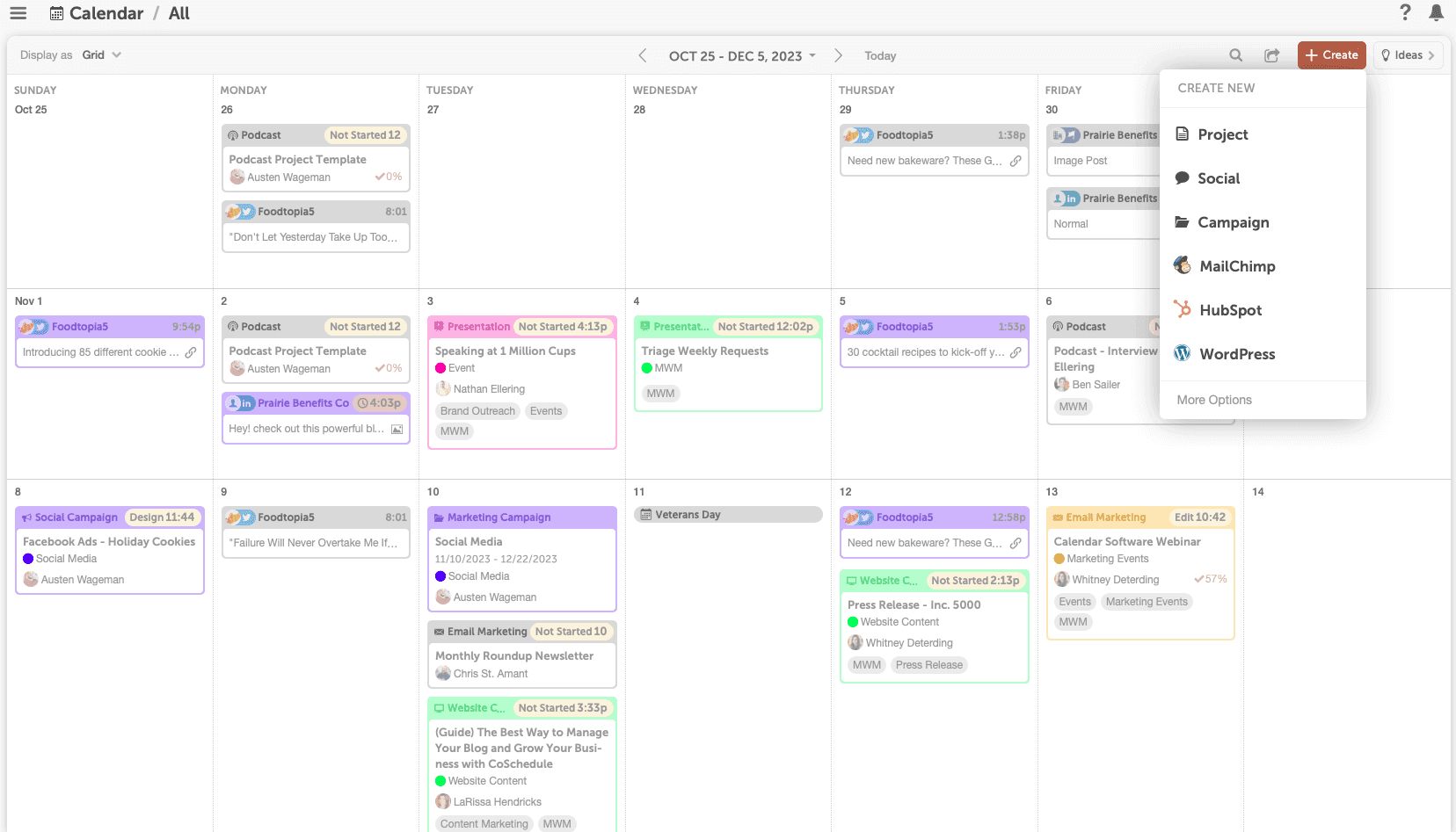 Showing how to create a new project in the Marketing Calendar