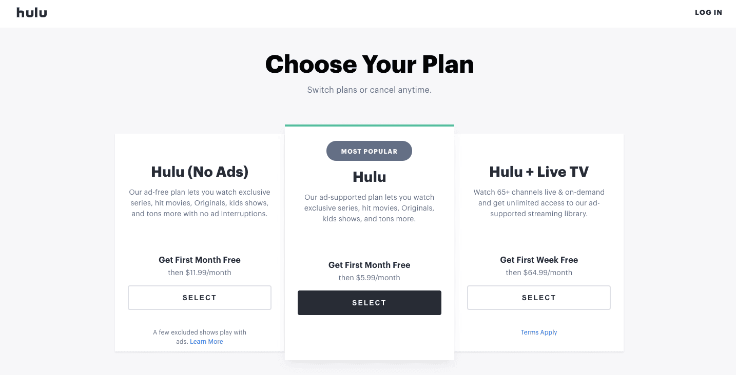 Choosing your plan on Hulu sales funnel