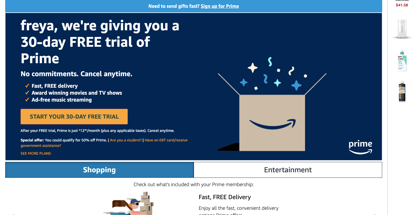 Amazon Prime free trial sales funnel