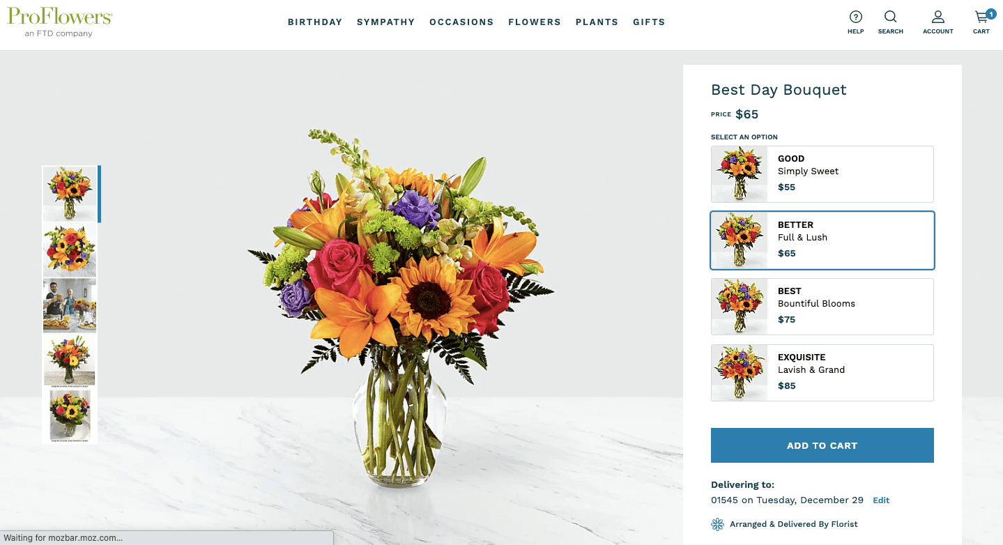 ProFlowers cross-selling sales funnel