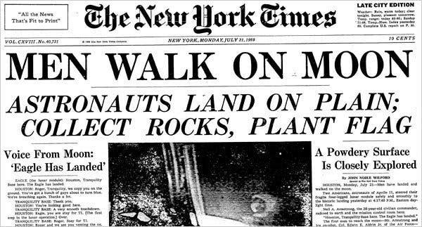 "Men Walk on Moon" newspaper headline