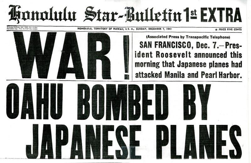 "WAR! OAHU BOMBED BY JAPANESE PLANES." newspaper headline