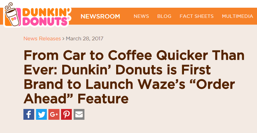 From Car to coffee Quicker Than Ever: Dunkin' Donuts is First Brand to Launch Waze's "Order Ahead" Feature