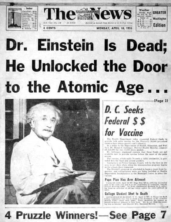 "Dr. Einstein is Dead" newspaper headline