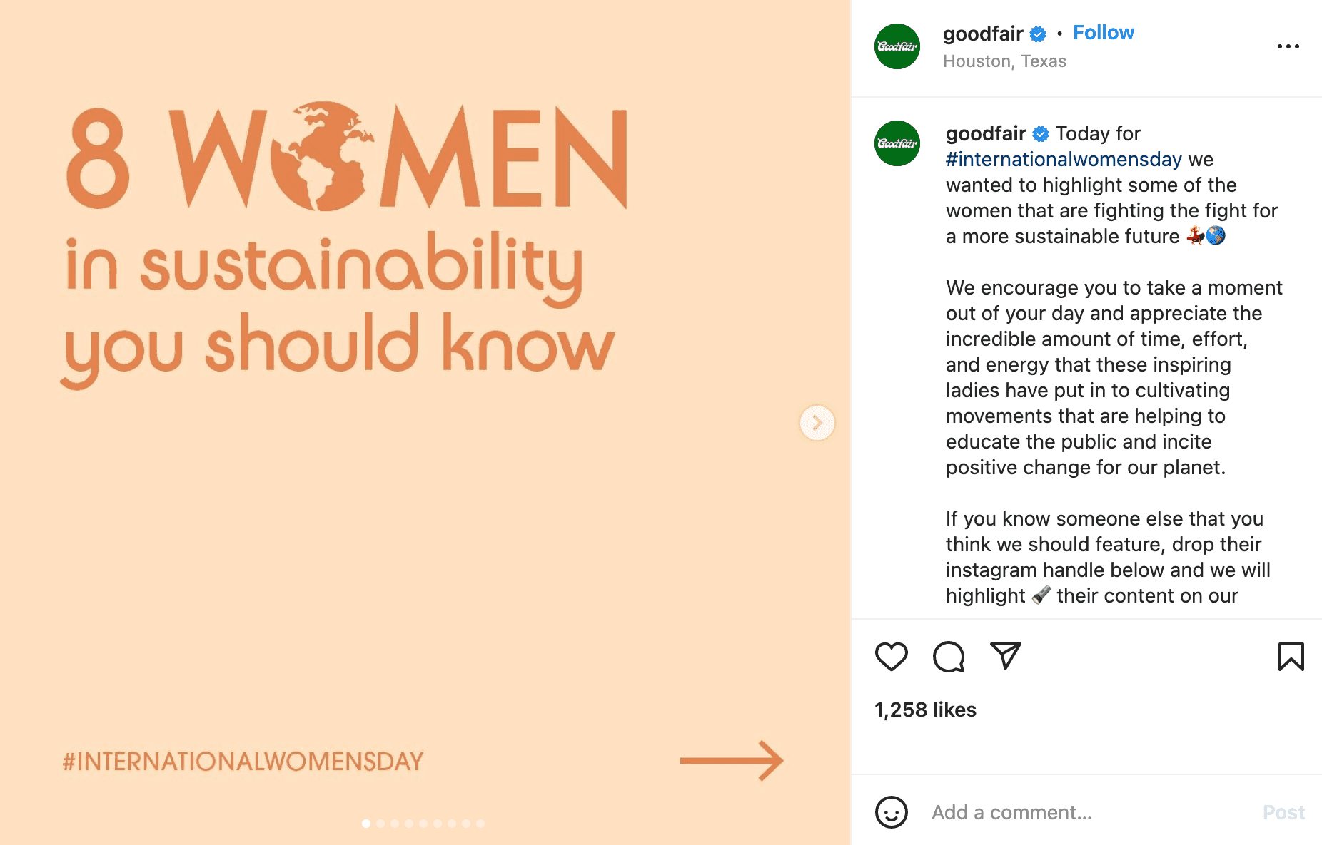 GoodFair instagram post regarding women sustainability 