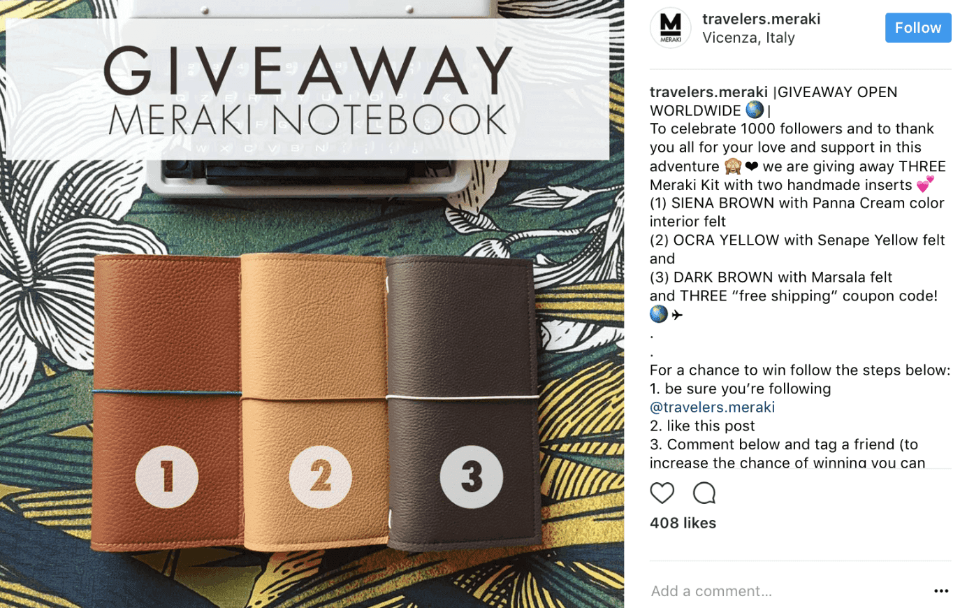 Instagram post from Meraki regarding a giveaway 