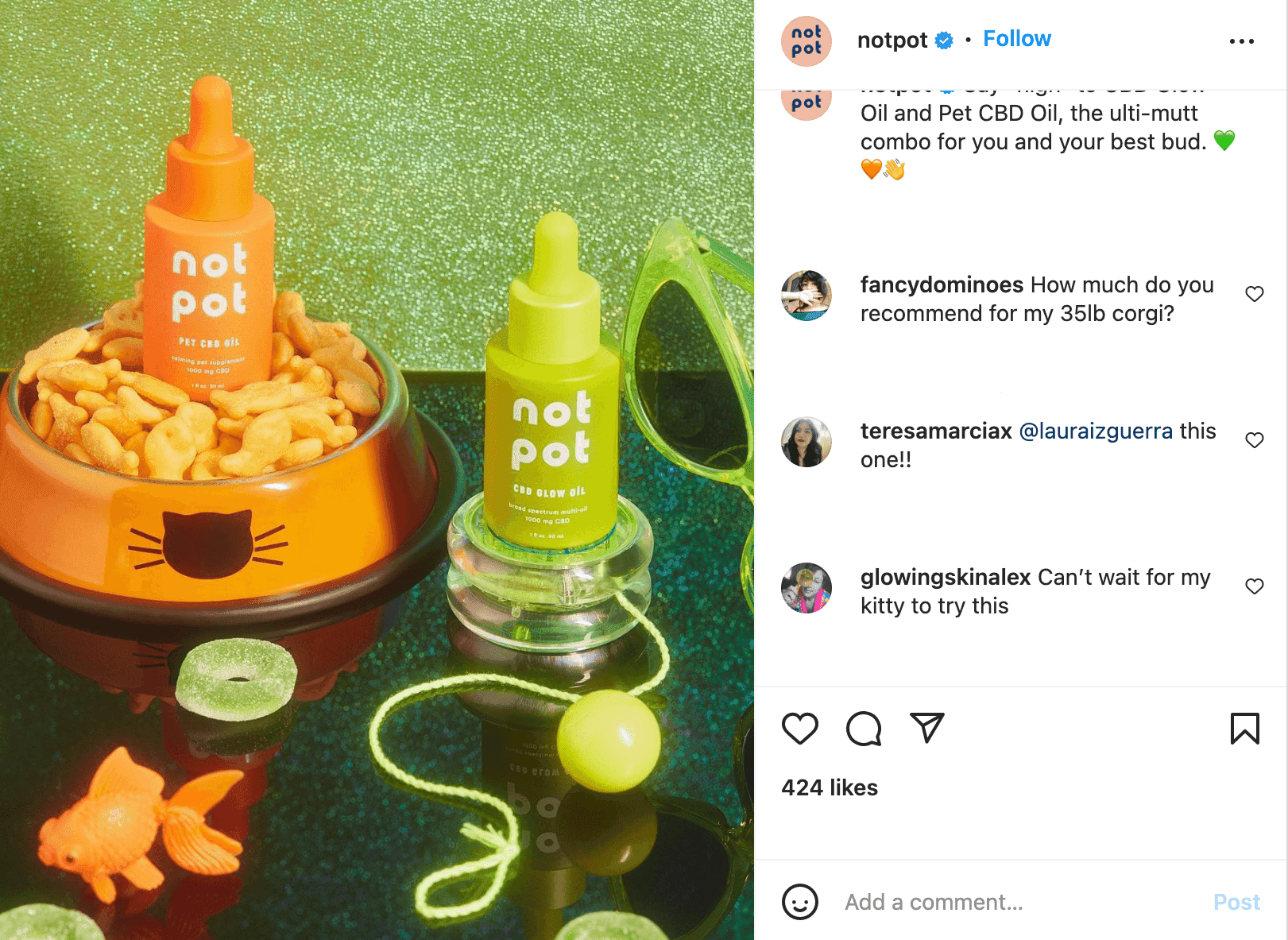 Not Pot instagram post about their pet CBD