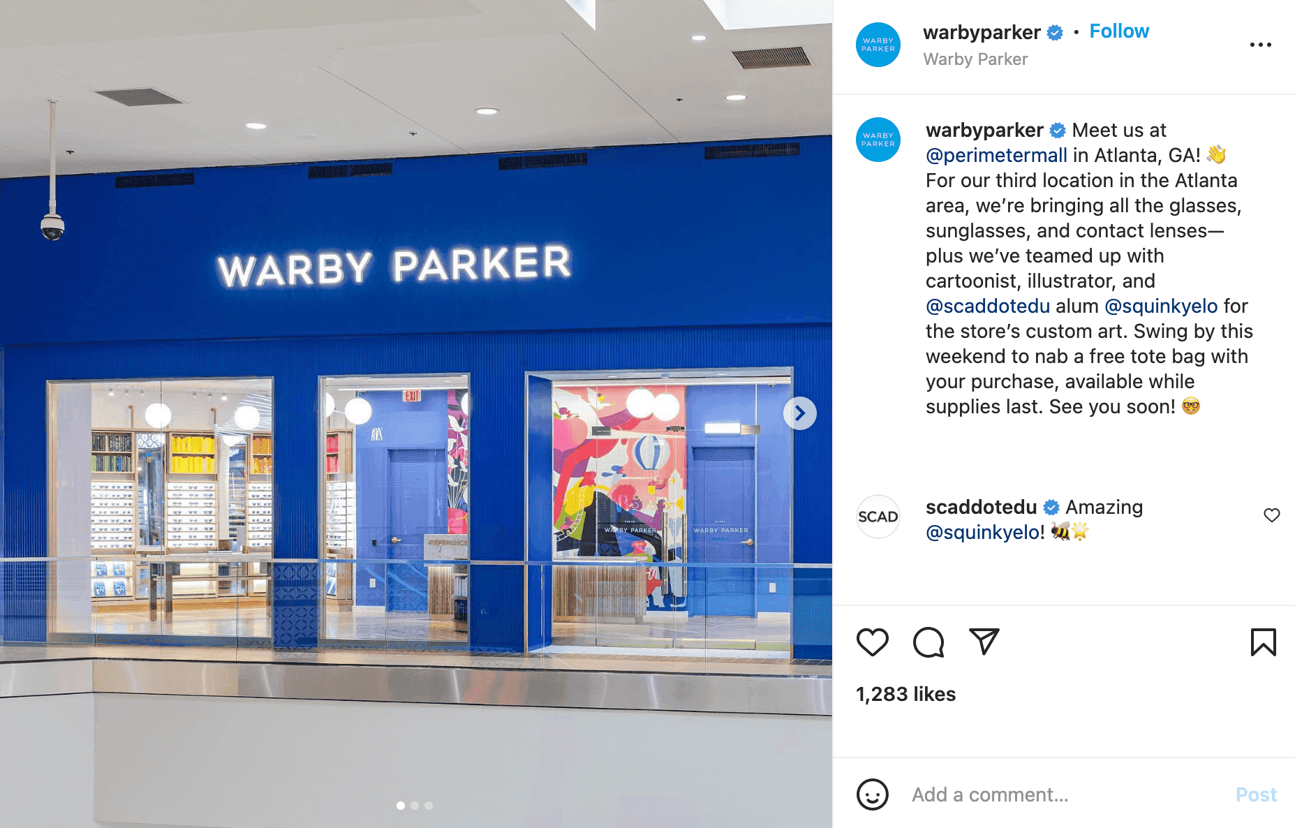 Warby Parker Instagram post about a live event they are hosting 