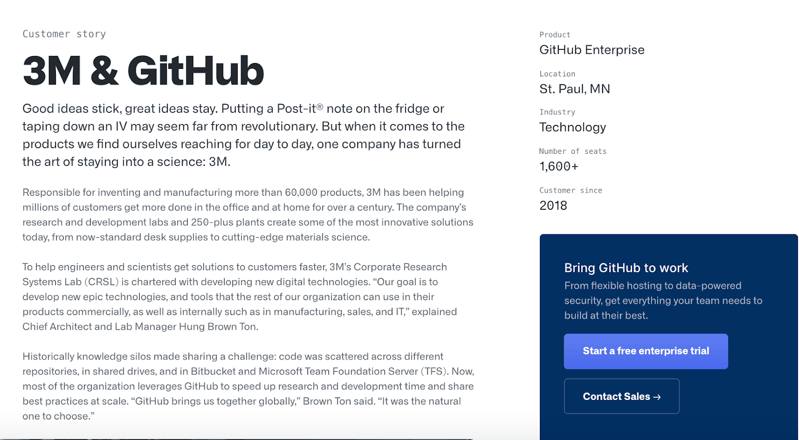 GitHub's 3M customer success story example.