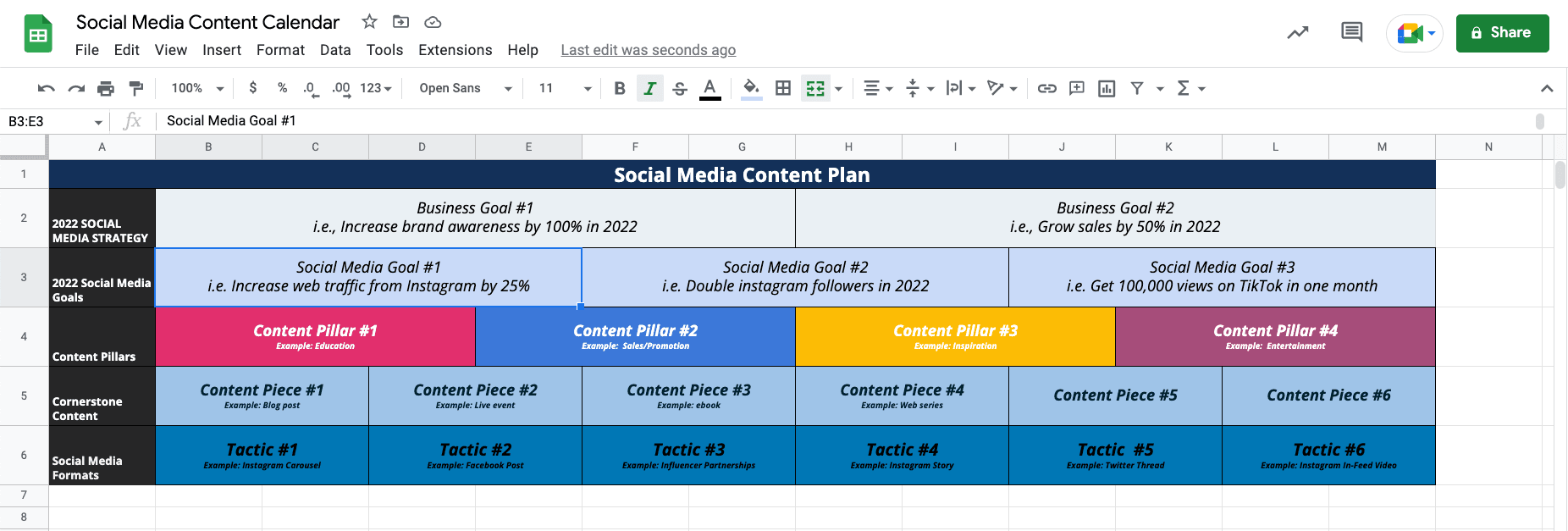 Example of the strategy tab from HootSuite's social media content calendar