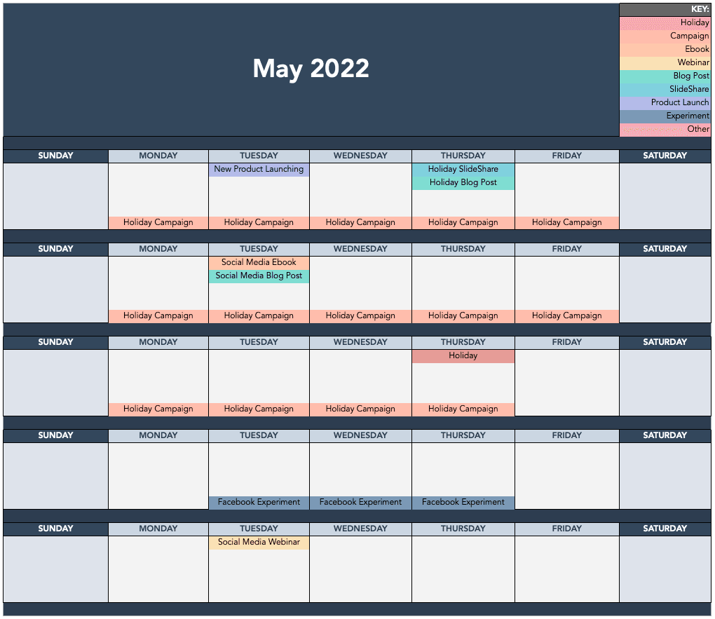 Example of HubSpot's social media calendar template