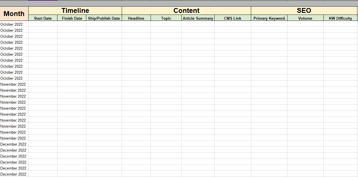 Advanced content calendar spreadsheet.