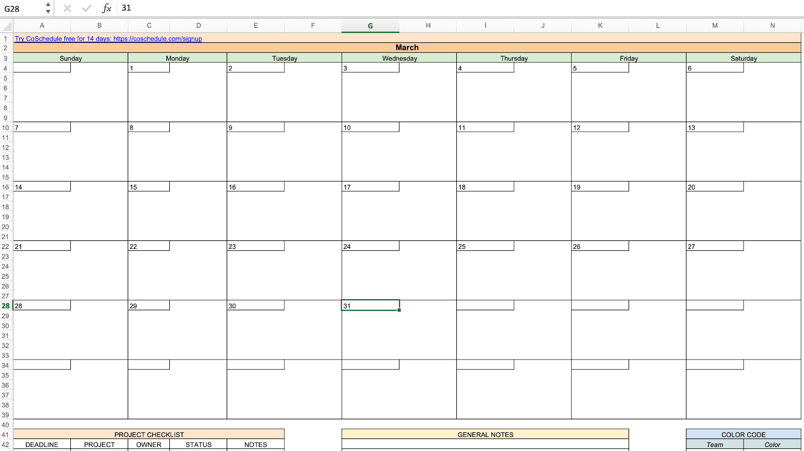 Example of CoSchedule's editorial calendar template