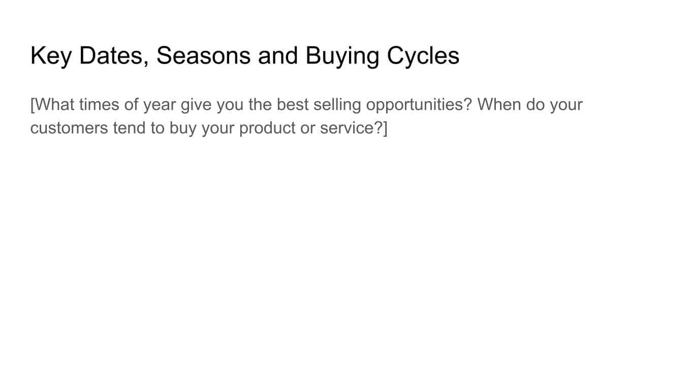 Examples of a template for key dates, seasons and buying cycles