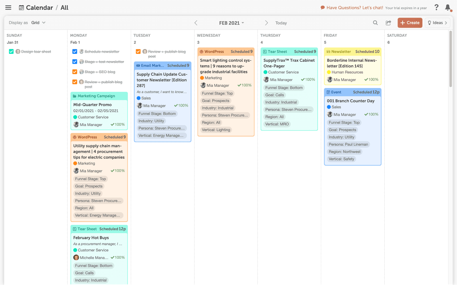 Example of what CoSchedule's marketing calendar looks like