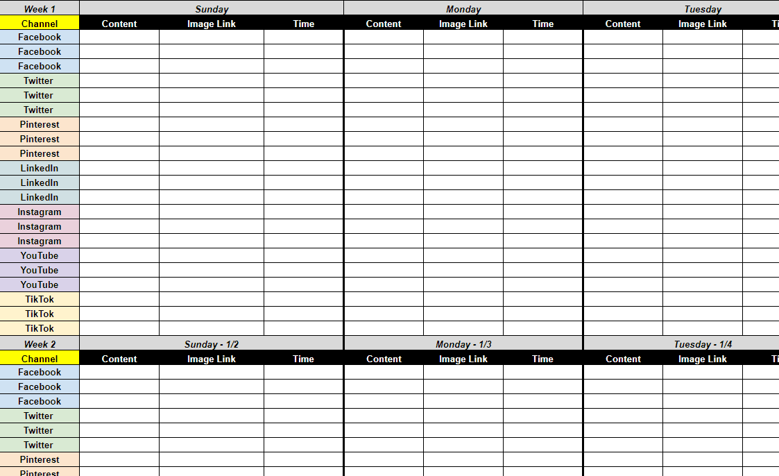 Social media content calendar spreadsheet.