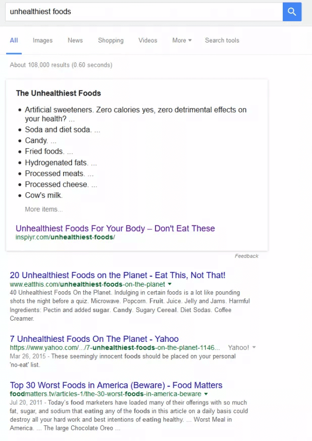 Unhealthiest foods search results
