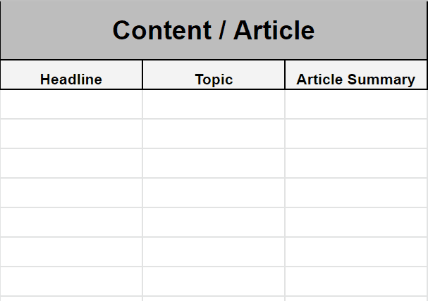 Content / article spreadsheet example