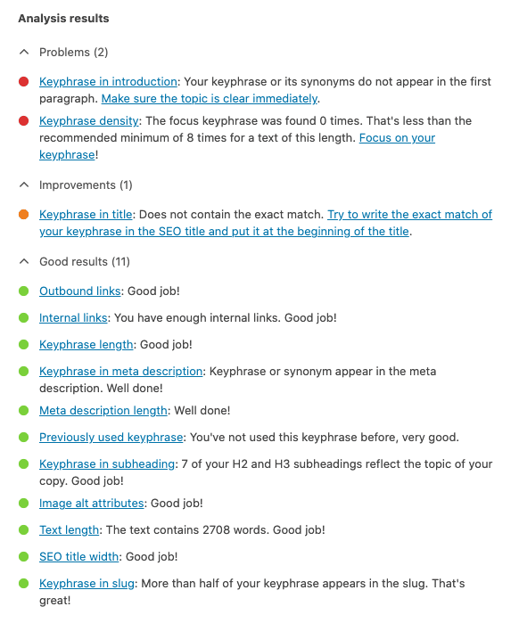 Wordpress seo analysis results