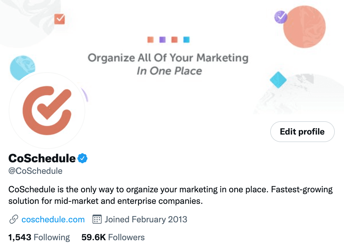 CoSchedule's main Twitter profile bio