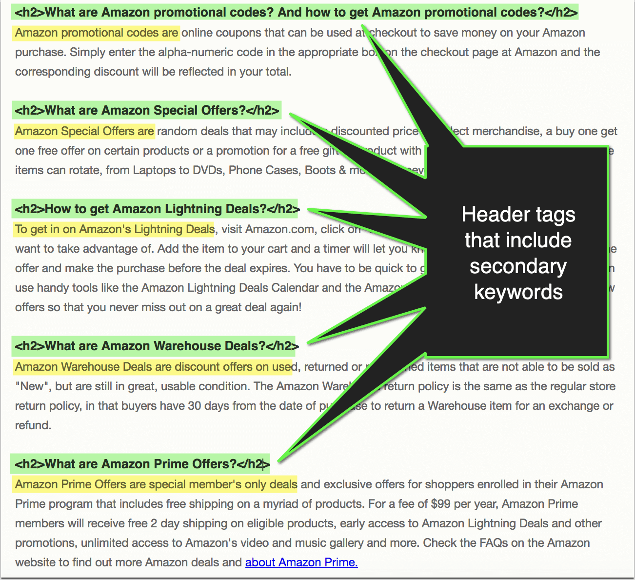 Header tags with secondary keywords
