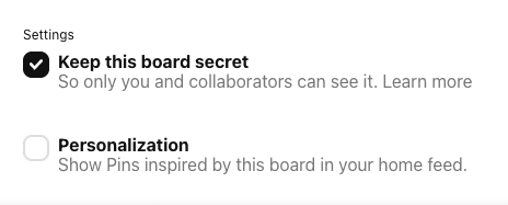 Set a board to secret on pinterest