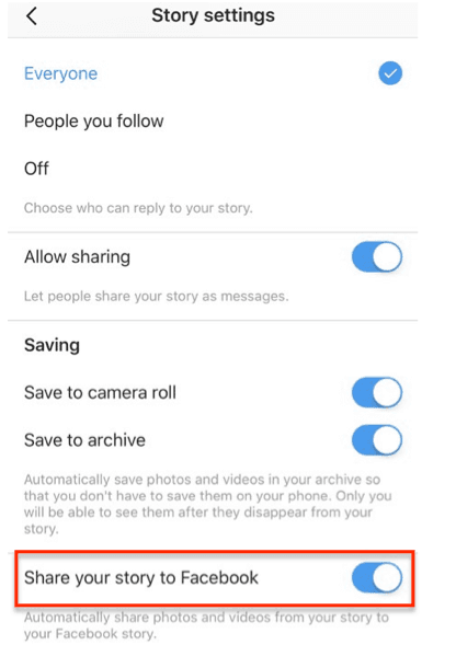 Highlighting where users can share their Instagram stories to Facebook in settings.