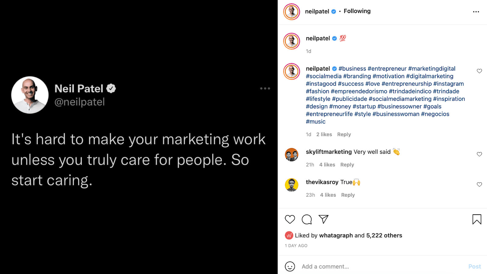 An Instagram post from Neil Patel quoting a tweet he wrote