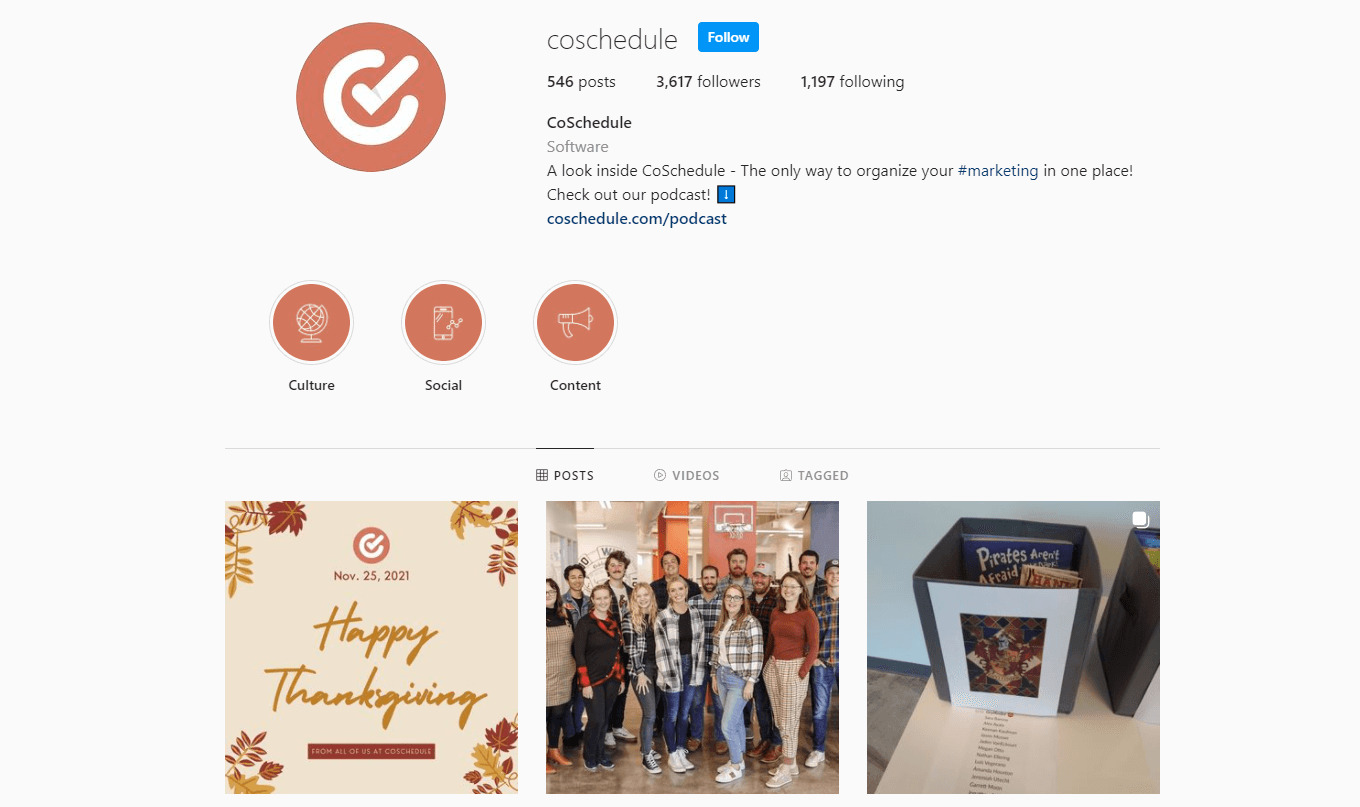 CoSchedule Instagram profile