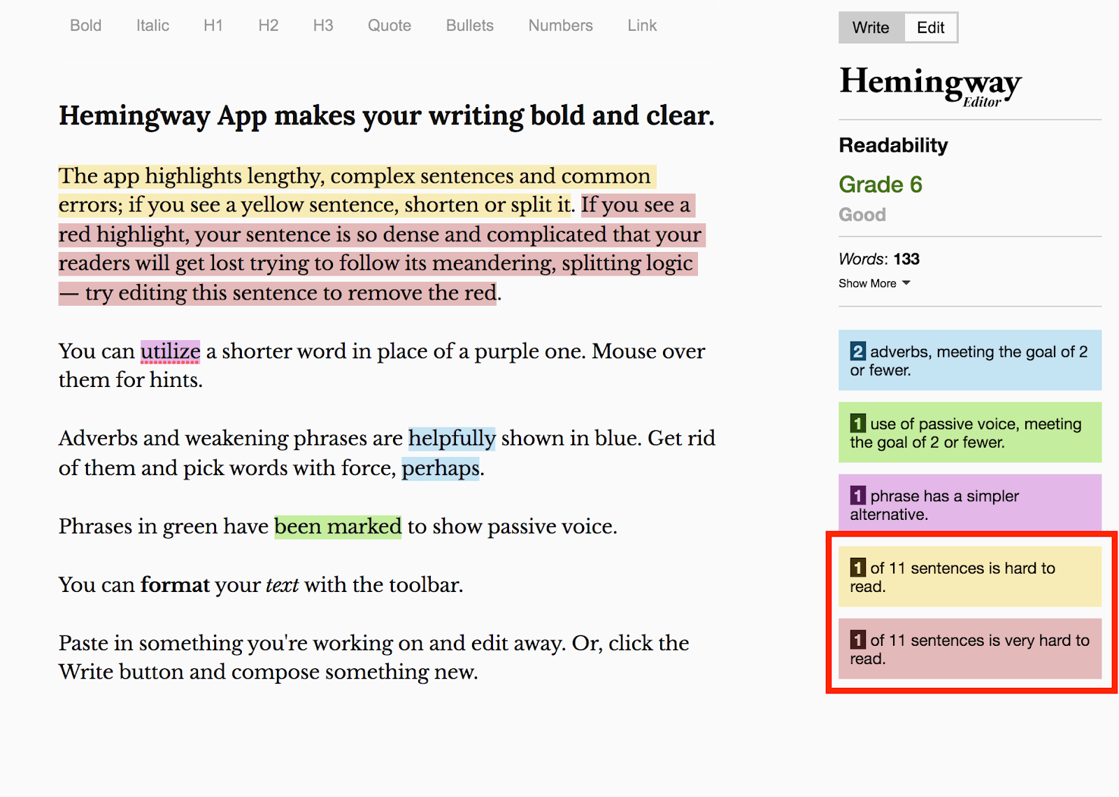 Example of a how the Hemingway App helps users edit their writing