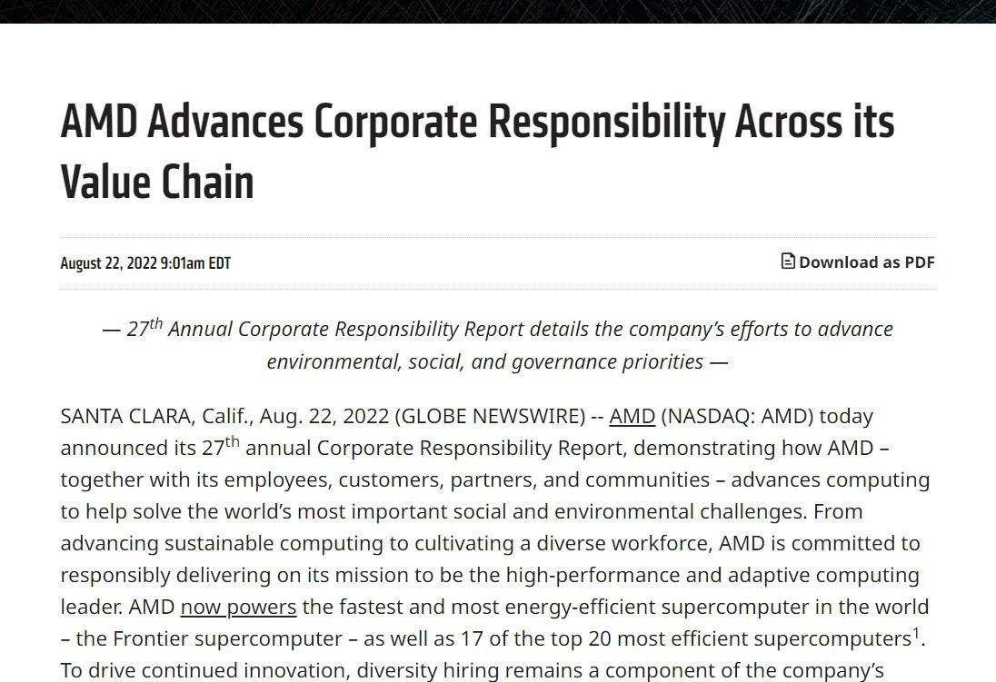 press release example of corporate social responsibility from AMD