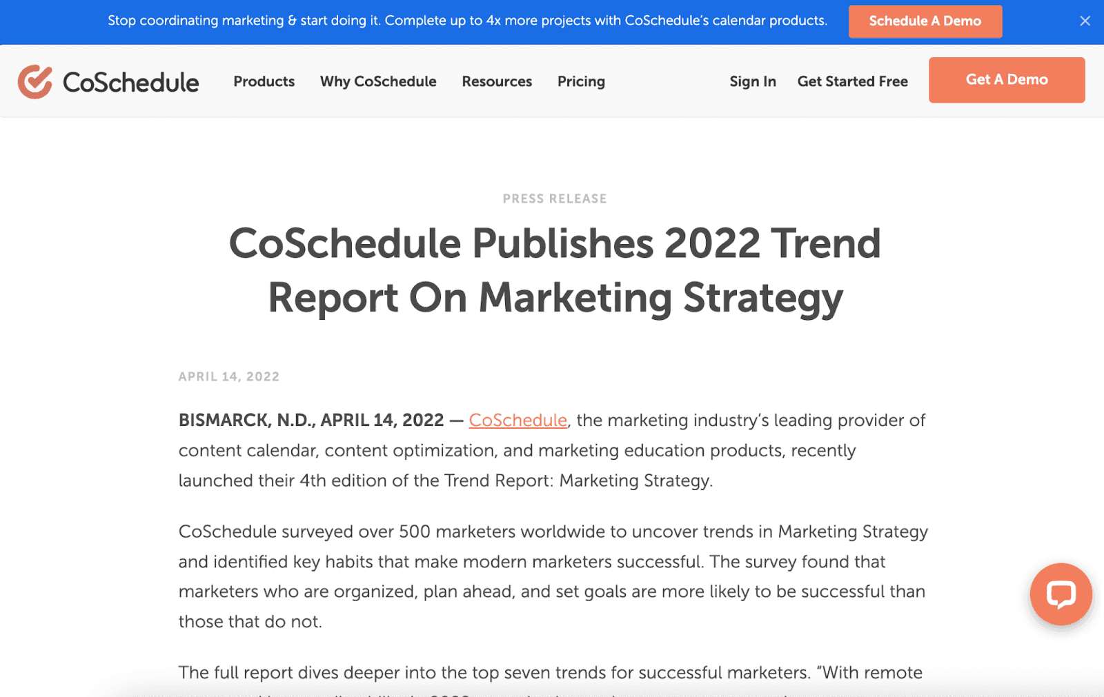 press release example of original research announcement from CoSchedule