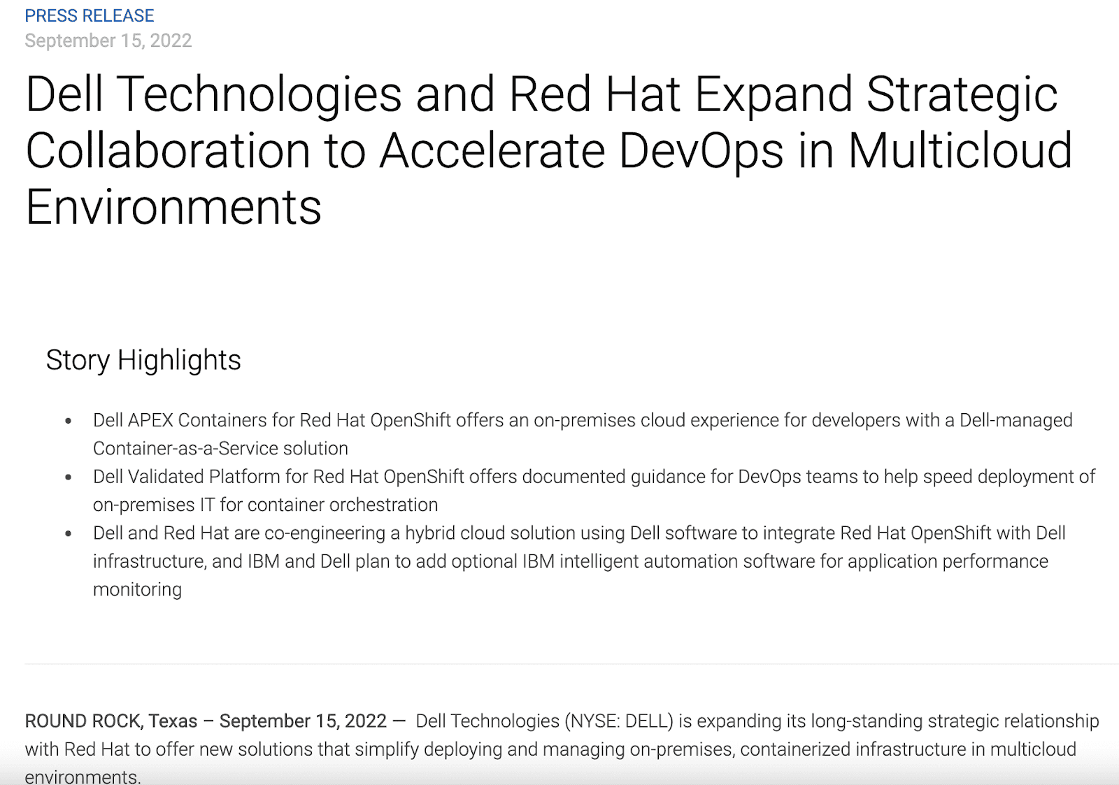 Dell's press release regarding a new partnership for the company