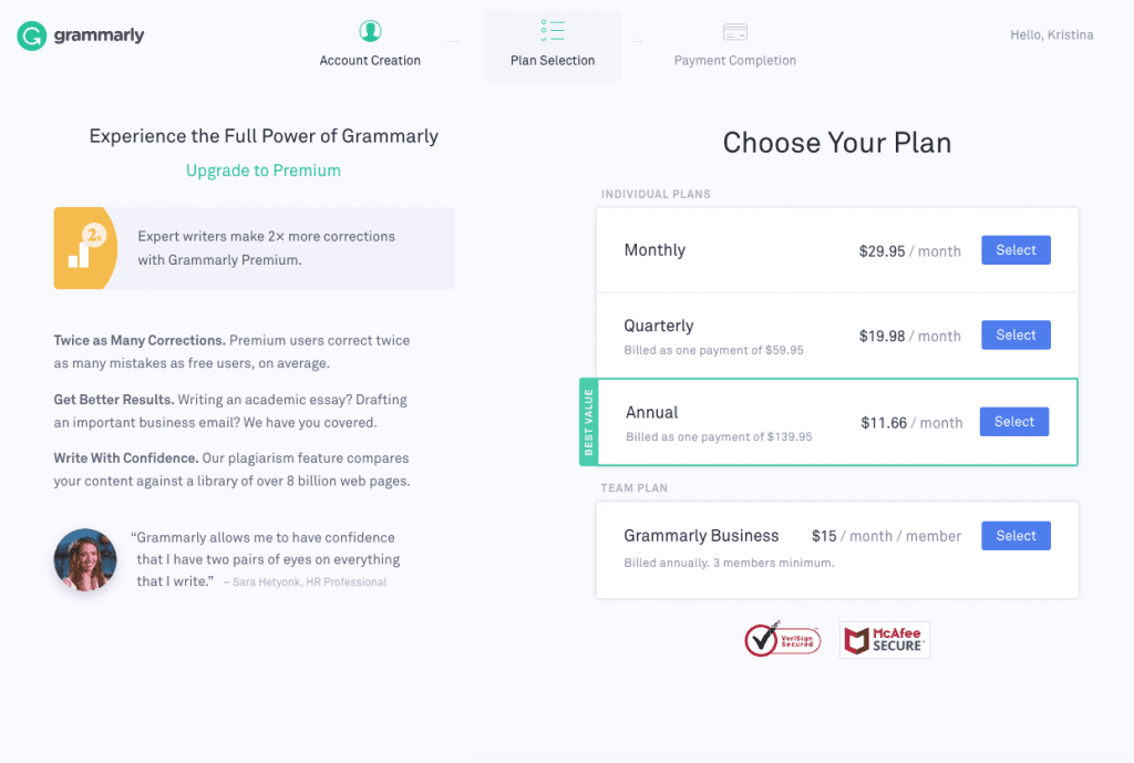 Example of how Grammarly upsells their various plan options