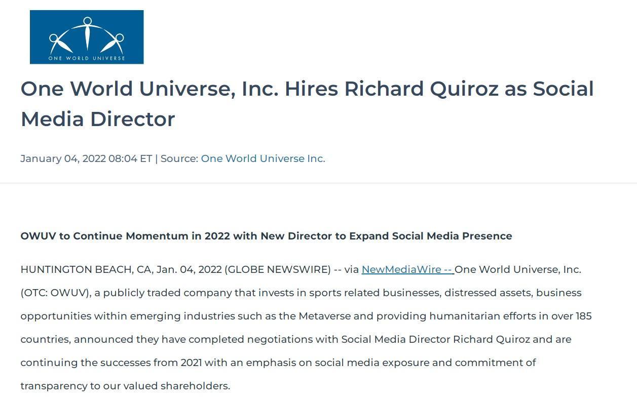One World Universe, Inc releases the hire information on Richard Quiroz