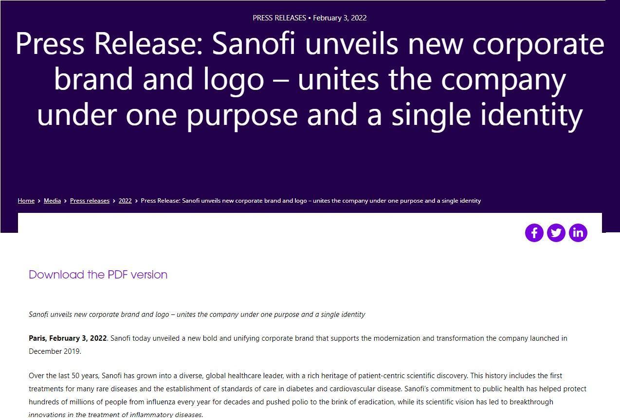 rebranding press release from Sanofi