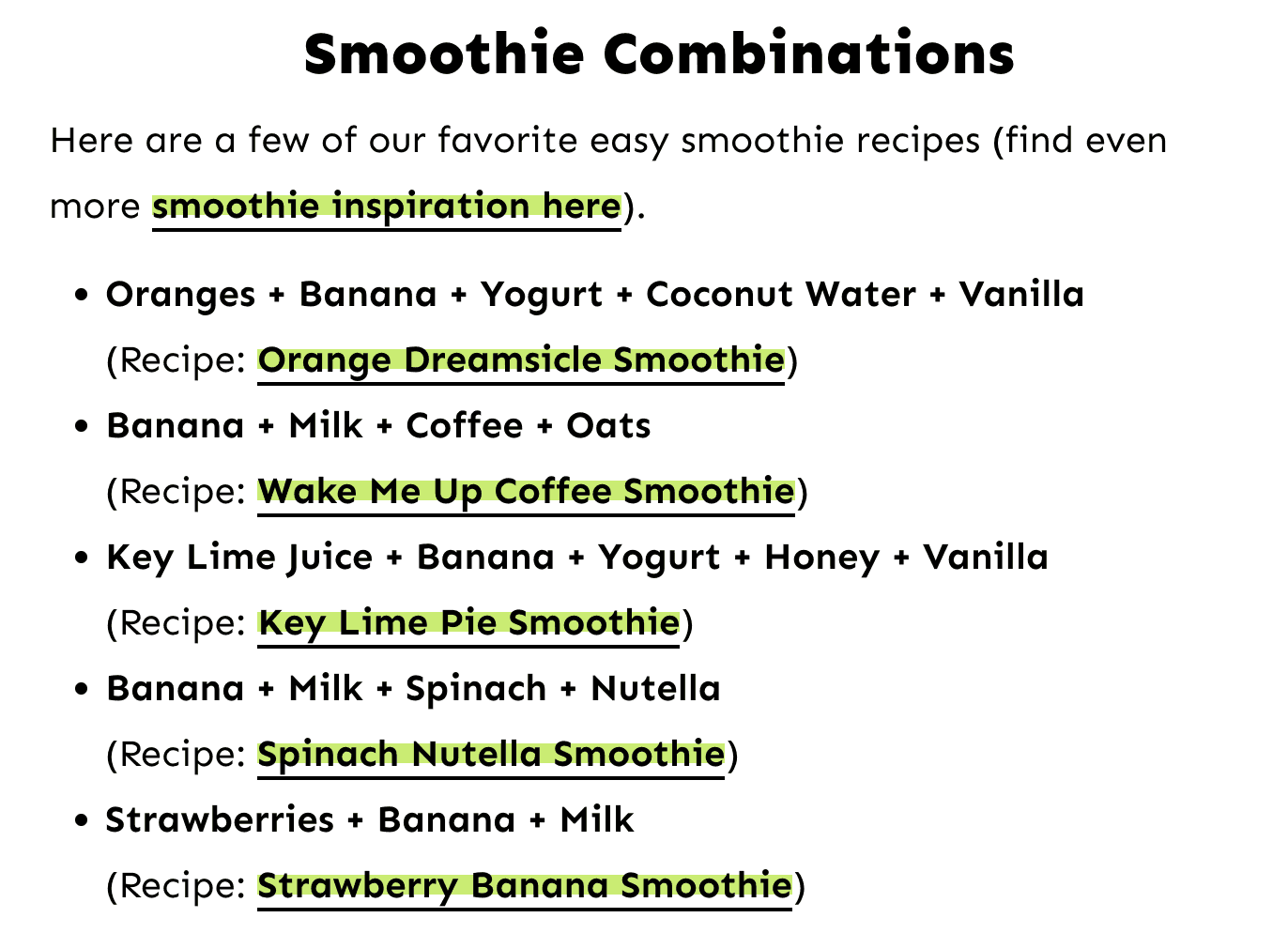Smoothie combinations and listed different ingredients 